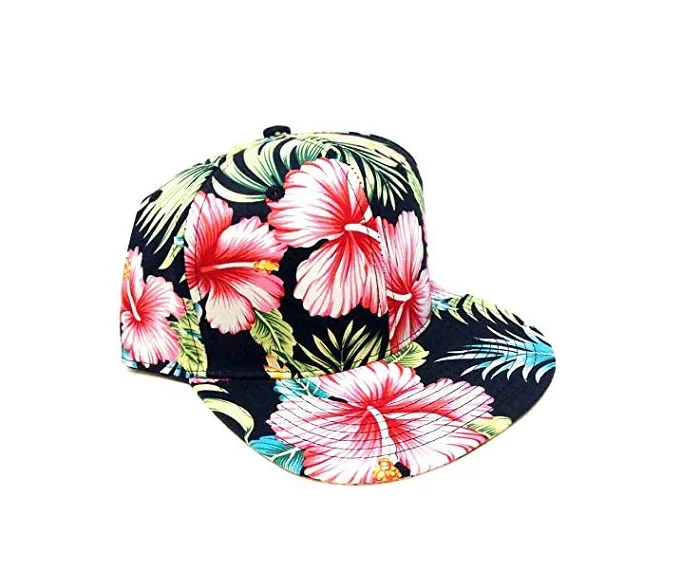 Wholesale Blank Hawaiian Black Pink Flowers Flat Bill Visor Cotton Full Floral Snapback Hats