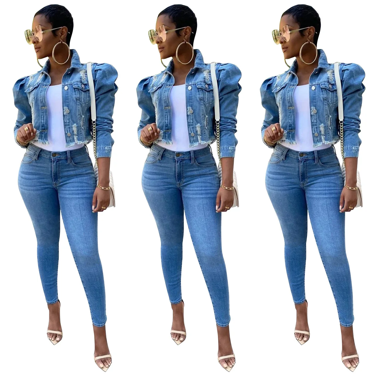 
Clothing suppliers for women boutiques denim jacket wholesale denim playsuit 2 piece denim set women 