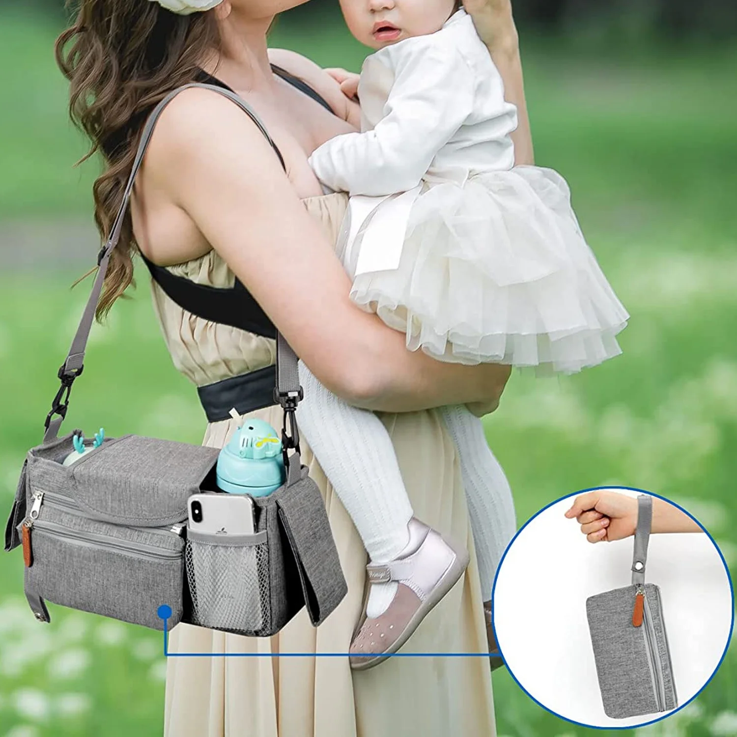 Universal Baby Stroller Organizer Bag Parent Console with Cup Holder and Detachable Handbag Fits All Baby Strollers