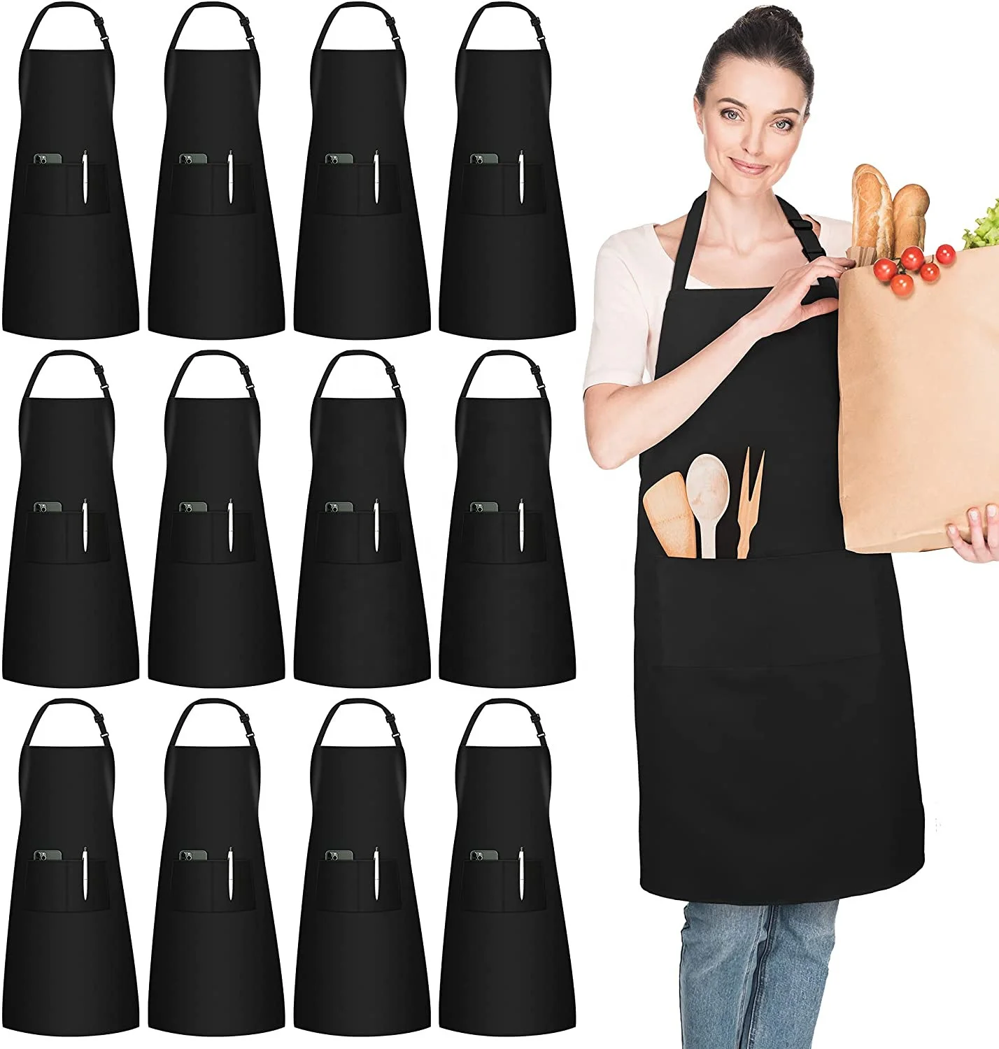 Wholesale Custom Logo Black Cotton Polyester Waterproof Chef BBQ Cooking Cleaning Bib Aprons For Cafe Restaurants Kitchen Apron