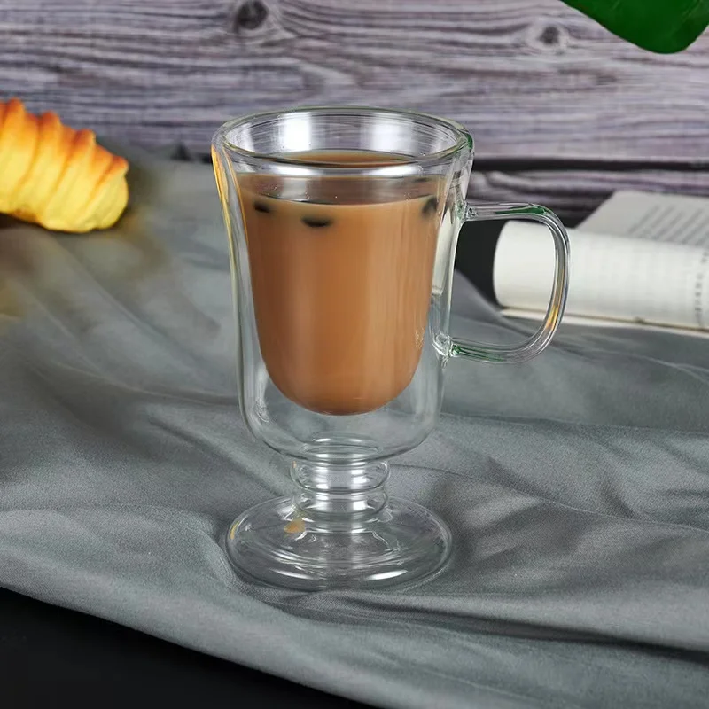 High Borosilicate Transparent Double Layer Coffee Cup with Handle Celebrity Restaurant Ice Cream Milk Juice Goblet for Tea Sets