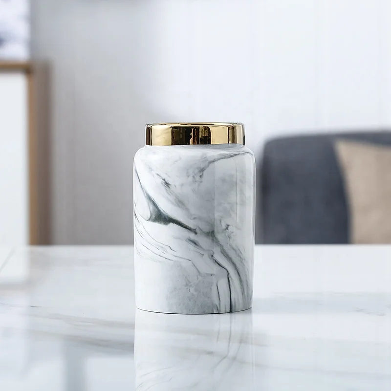 INS Light and Luxury Marble Electroplated Ceramics Cosmetic Home flower pot(Golden edge)