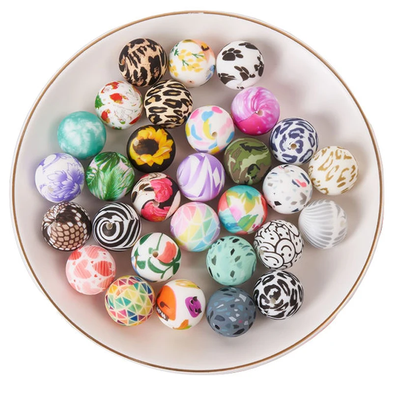 Hot Selling Newborn 100% Food Grade Silicone Beads Teething Printed Silicone Bead