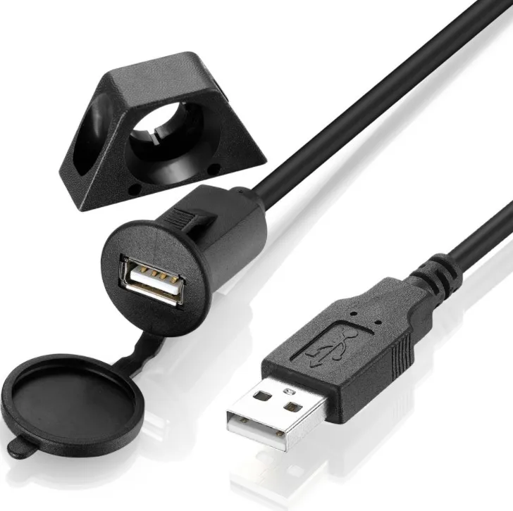 Stocked 1m/2m Black Male to female Single USB 2.0 extension waterproof Car USB charger panel mount cable With Accessory