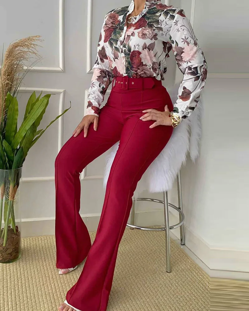 2022 Women 2 Piece Set Shirt + Wide Leg Pants With Belt Office Lady Printed Long Sleeve Stand Collar Tops Casual Suits