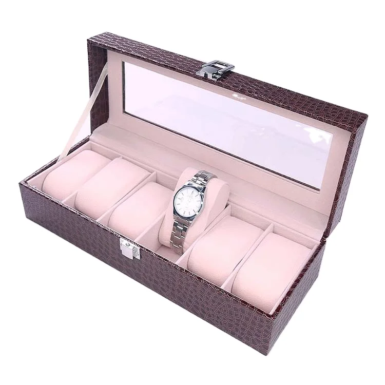 Luxury Brown Wooden Crocodile PU Leather Velvet Lining 6 Slots Watch Lock Box with