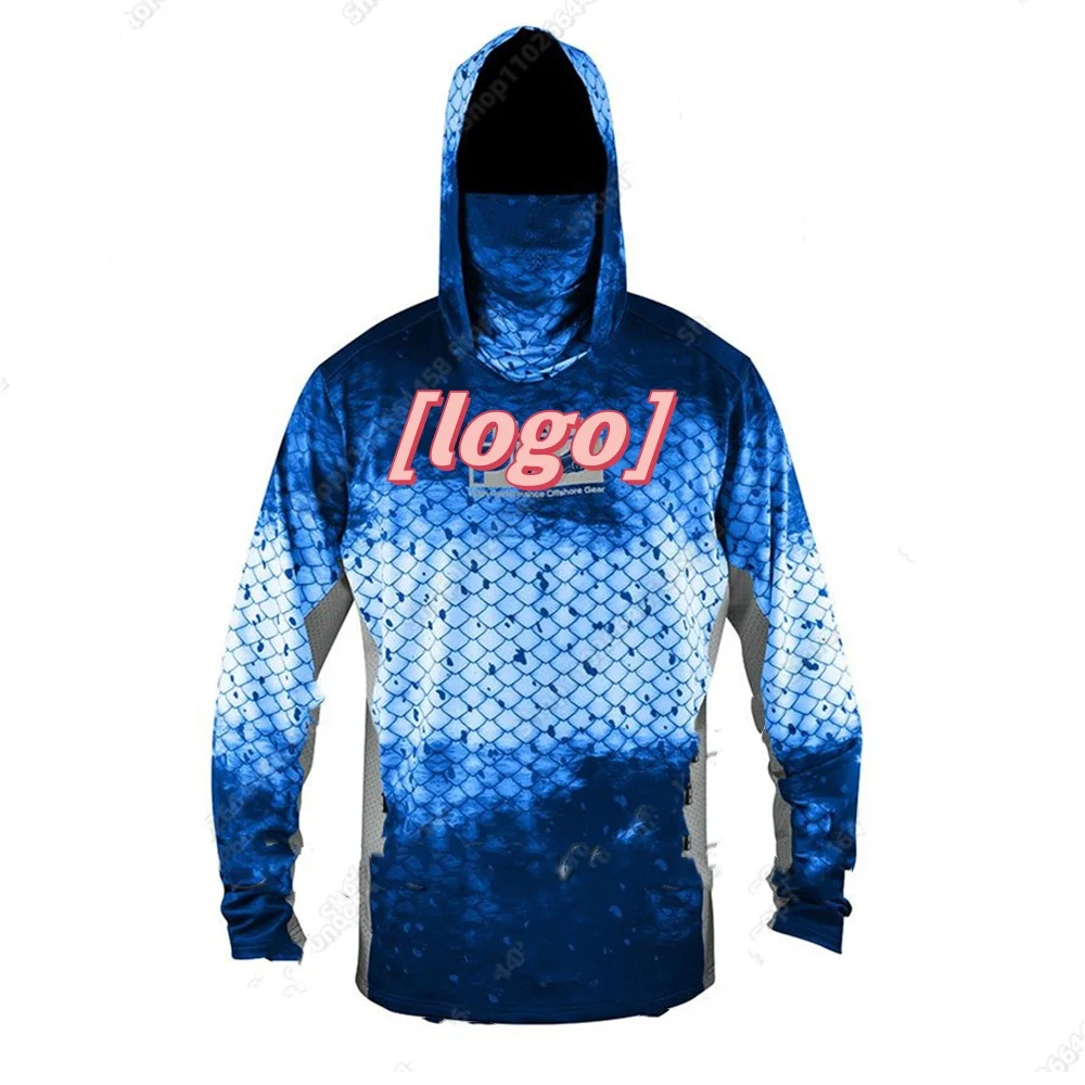 In stock Oem Long Sleeve UPF 50+ Sun Protection Fishing Hoodie With Face Mask Fashionable Smooth Quick Drying Fishing Jersey