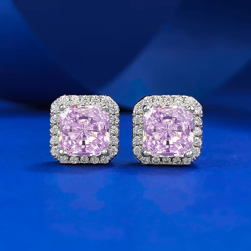 Fashion 925 Sterling Silver Pink Cubic Zirconia CZ 7x7mm Square Shape Fancy Cut Earring for women