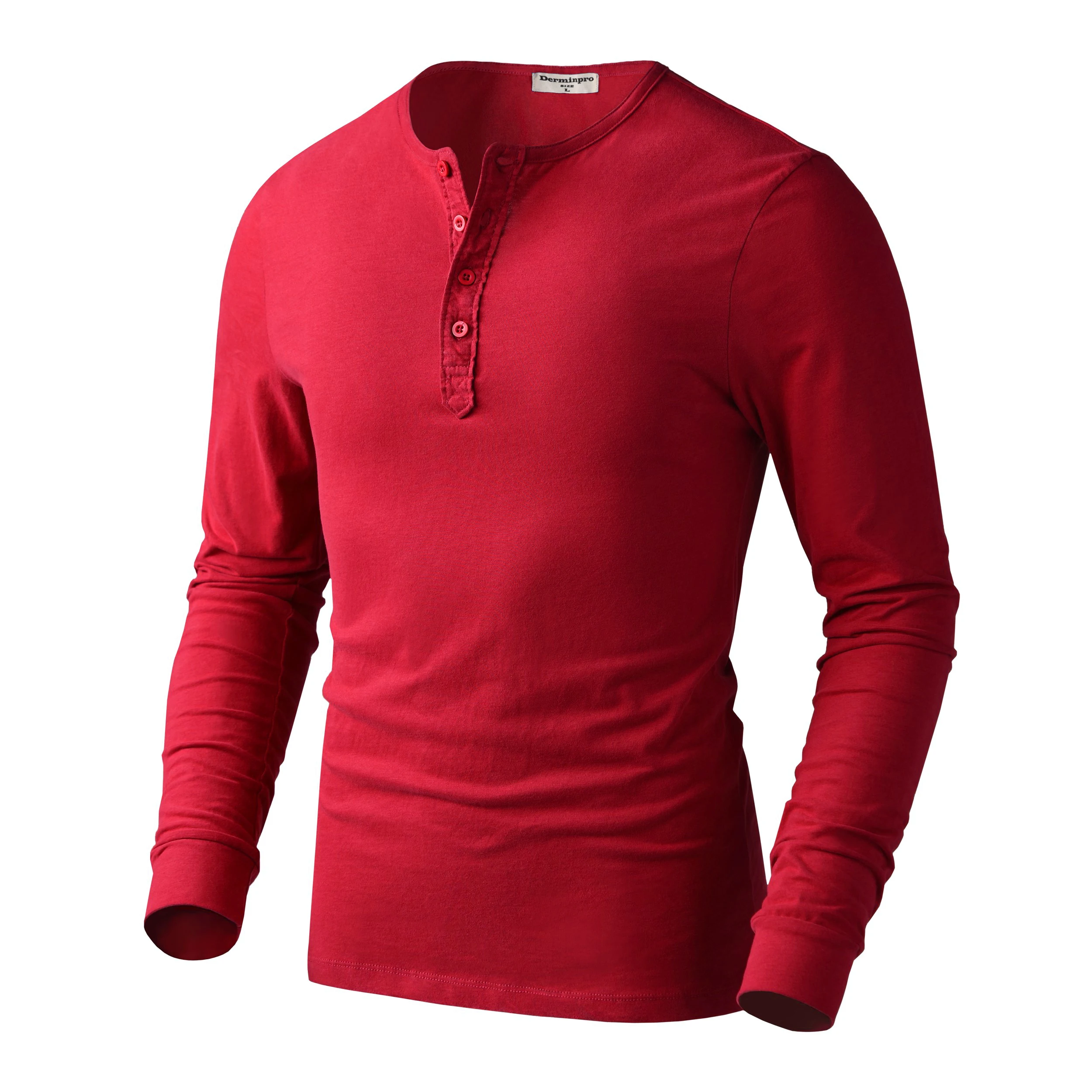 Customized logo label 100% cotton fabric V neck 4 button plackets mens long sleeve t shirts