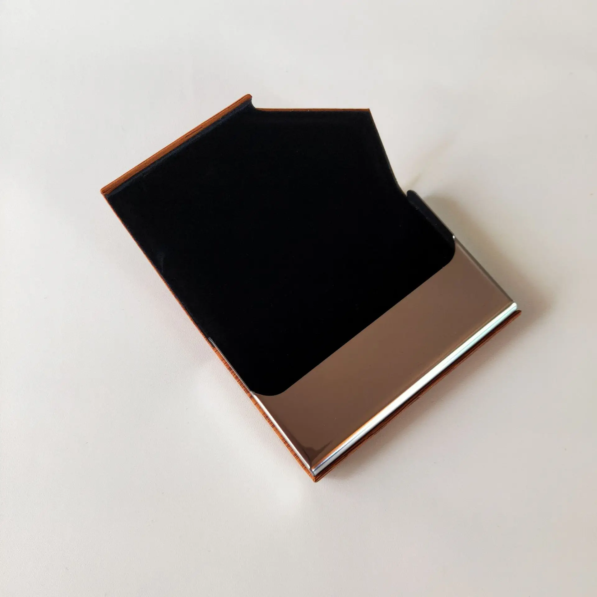 Fashion wood grain business card box PU stainless steel business card holder for men and women supplied by manufacturers