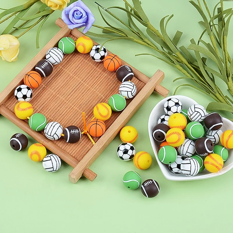 Hot Fashion Sport Style 100% Food Grade Silicone Chewable Necklace Teether Silicone Tennis Volleyball Soccer Teething Bead