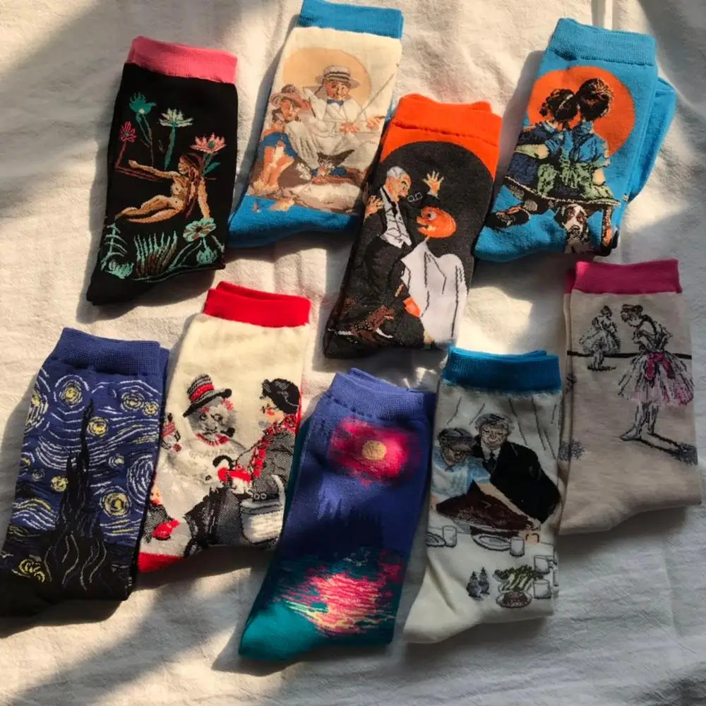 2020 New Art High Quality Stock Ready To Ship Oil Painting Starry Sky Colorful 100% Cotton Men Women Unisex Socks