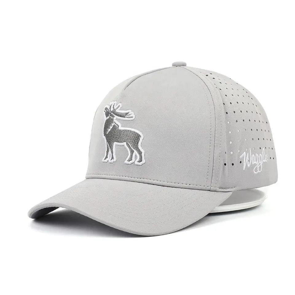 Wholesale Customized 5 Panel Light Grey Structured Embroidery Logo Laser Drilling Back Sport Caps Baseball Cap and Hat