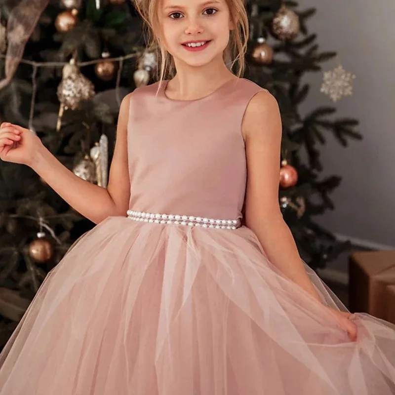Finalz wholesale kids baby Formal Gown Mesh Bow Pink Sleeveless party dresses for girls