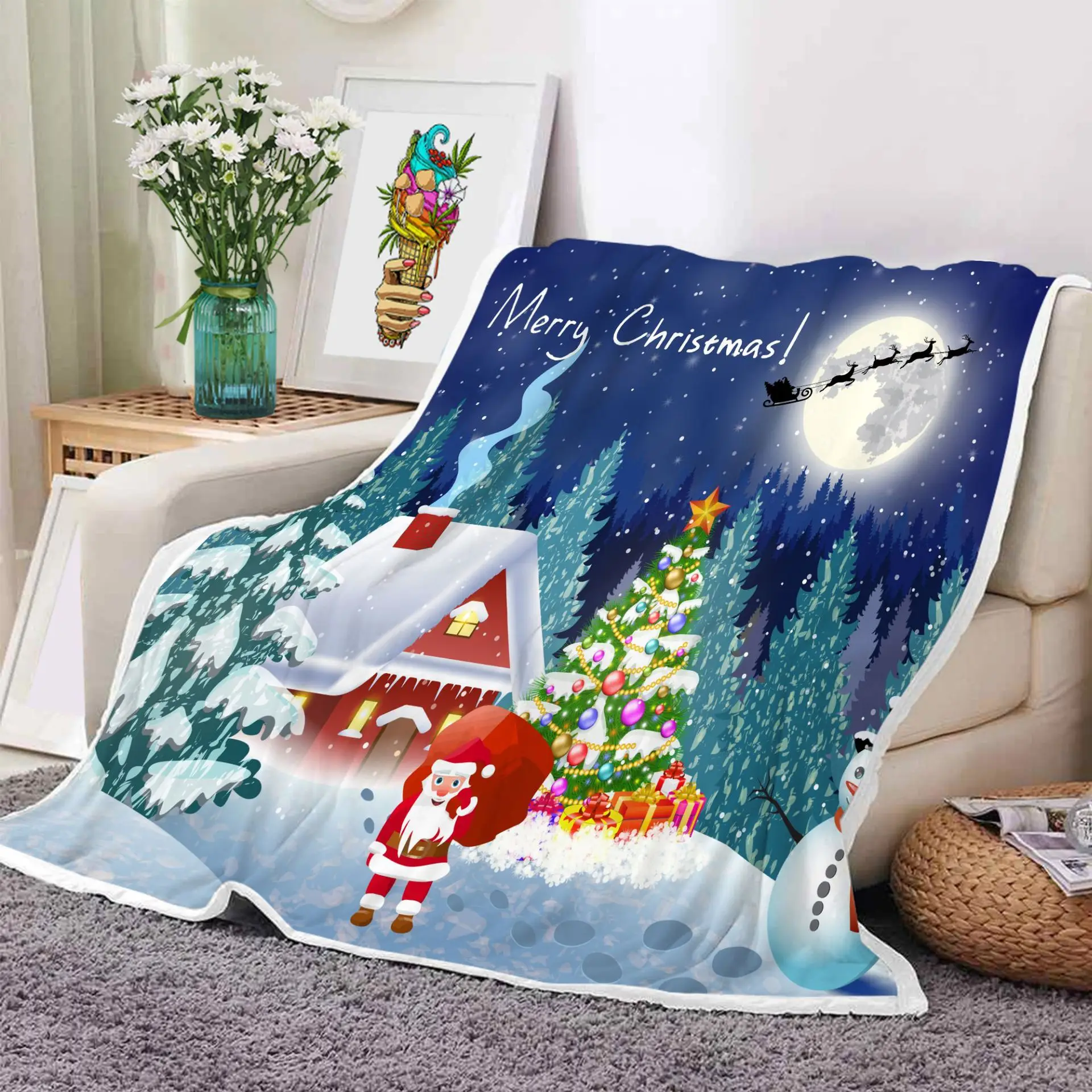 High Quality Custom Christmas Flannel Blanket Snowman Digital Printed Polyester Fleece Blanket