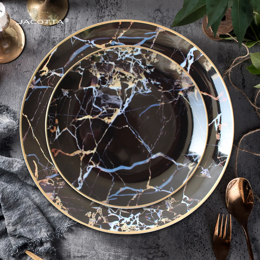 Black marble pattern bone china luxury gold rim kitchen dinnerware plates bowl cup with saucer set