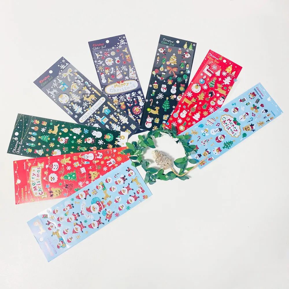GF Christmas Stickers With Snowman Reindeer Tree, Gold Foil Glitter PVC Xmas Kids Decoration Merry Christmas Stickers
