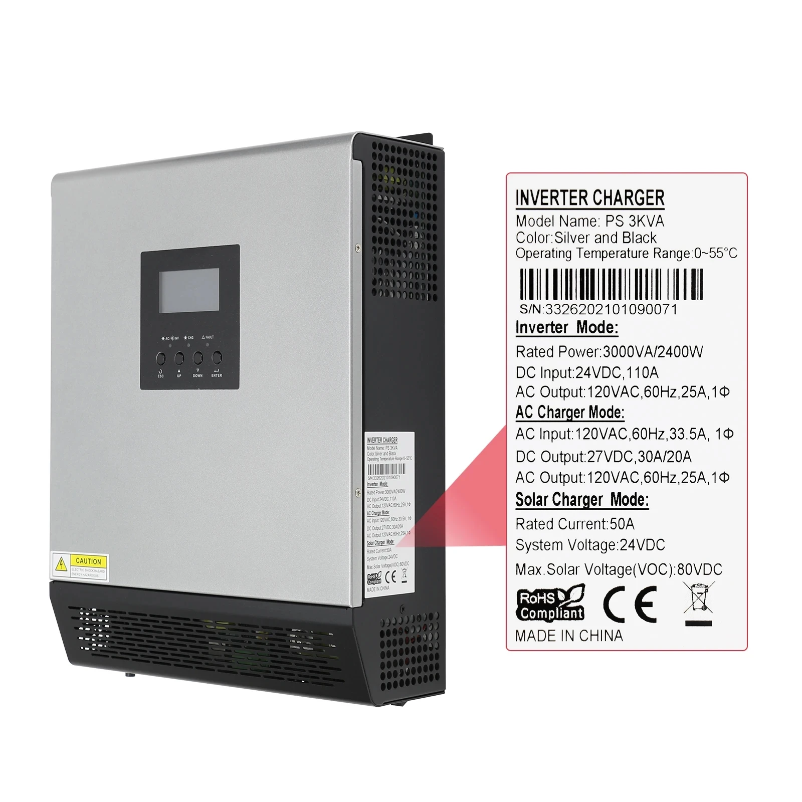 3000VA 2400W Solar Hybrid Inverter 24V 110V With PWM 50A Charging Controller Max PV 80V 8kw Hybrid power system