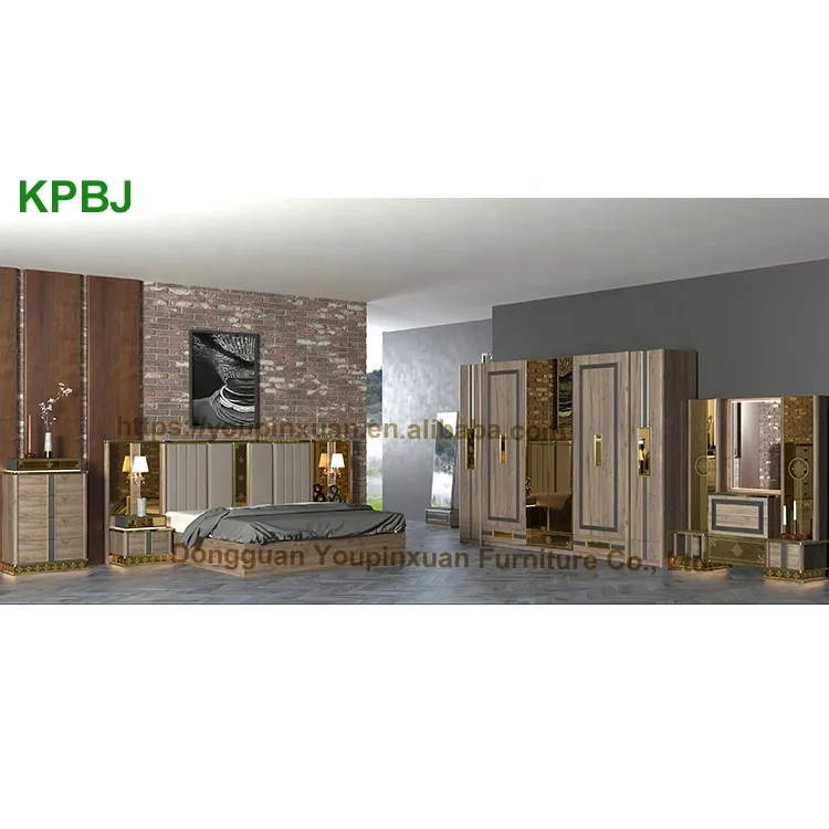 
Turkish Style Luxury King Queen Size 6 Pieces Golden Bedroom Furniture Master Bedroom Set 