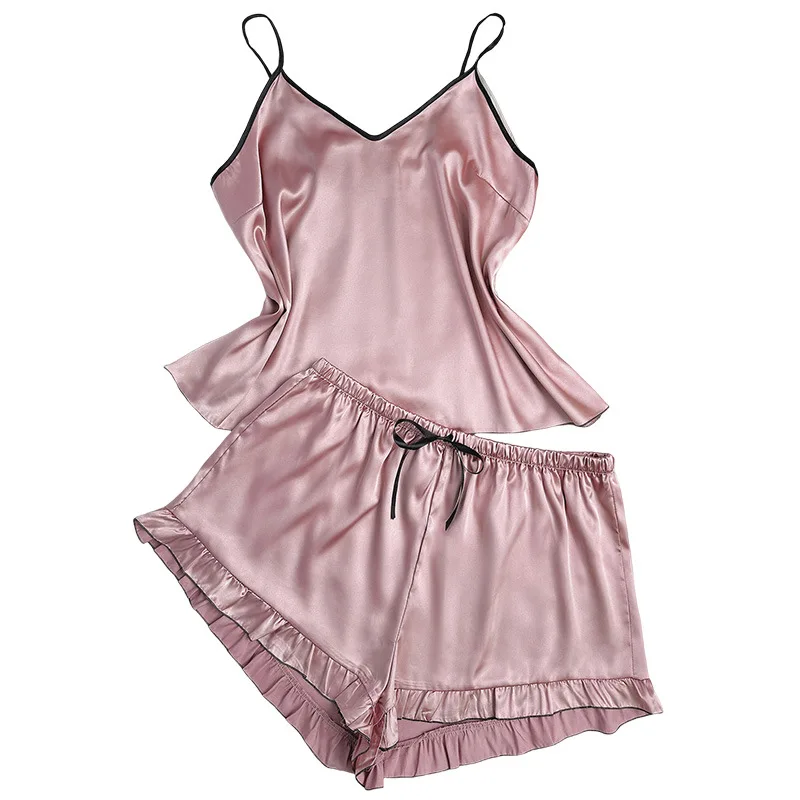 2024 Fashion New Cross Border European And American Plus Size Cool Casual Comfortable Sling Silk Sexy Loose Shorts Two Piece Paj