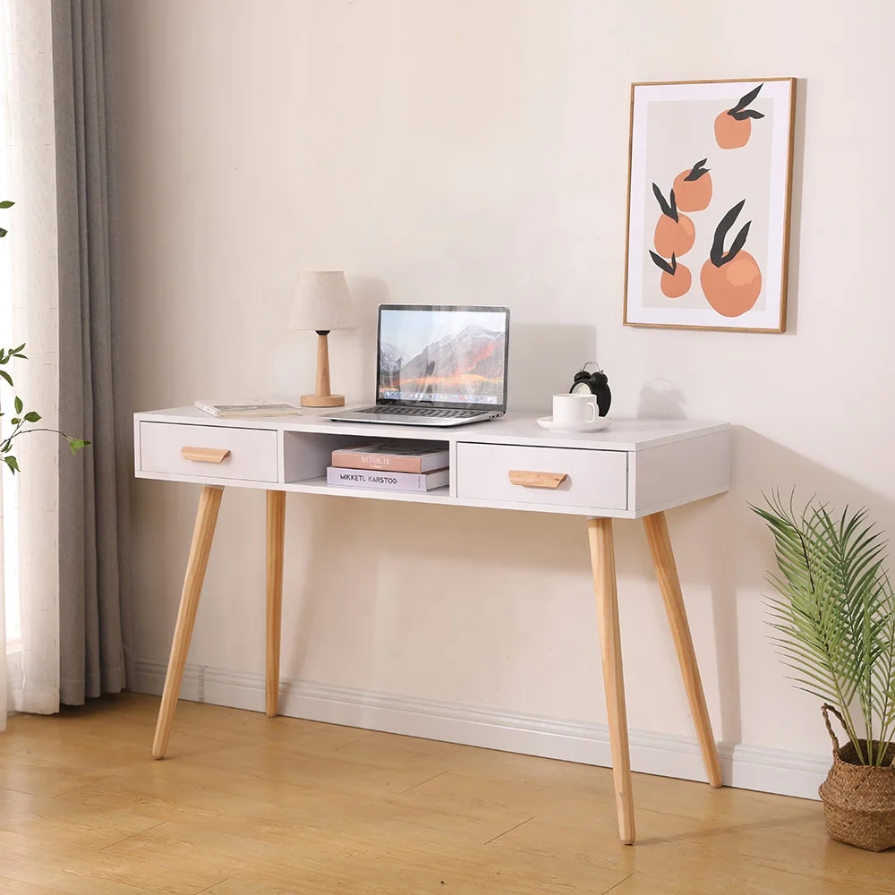 WFH industrial vintage rustic appearance Ivory white wide desktop natural color legs rectangular computer desk