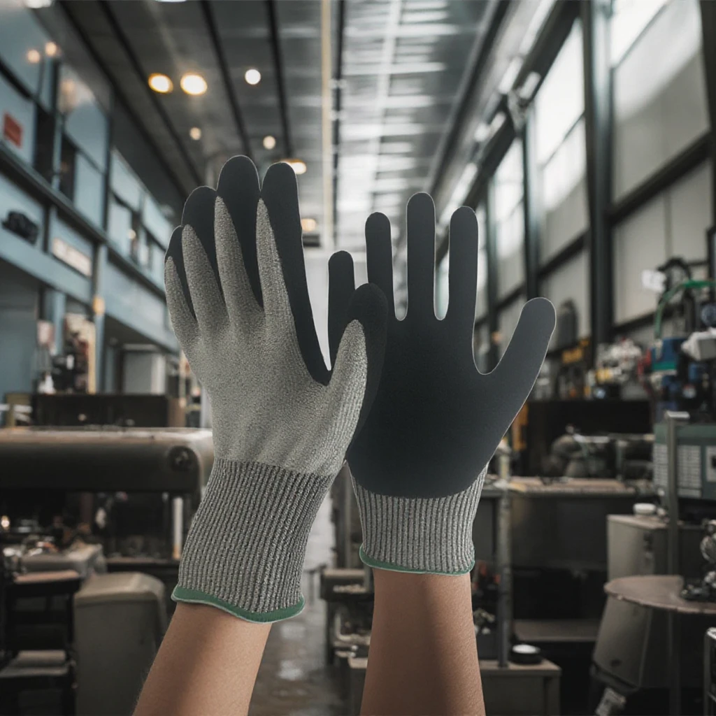 SRsafety Hand Protection ANSI A3 cut proof gloves level C sandy nitrile coated custom work gloves industrial gloves