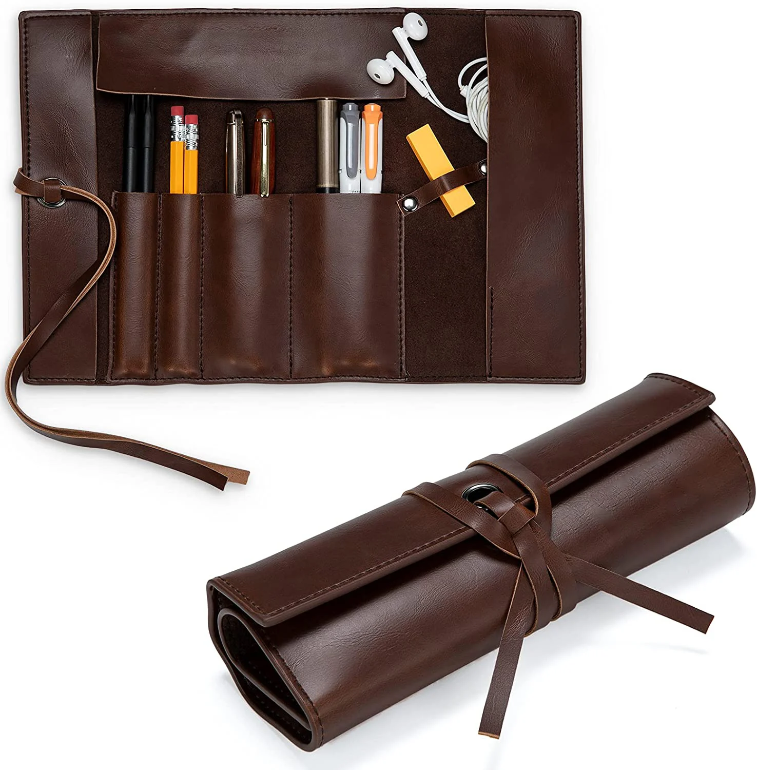 PU Leather EDC Roll-Up Tool Bag for Pen Lovers Tech Multi-Pocket for Pens Handmade Pen Pouch