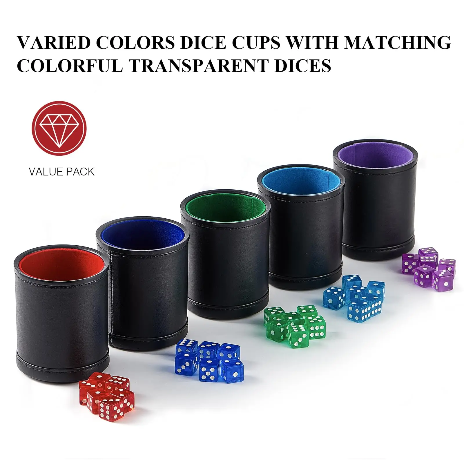 Custom Logo Leather Dice Cups with Colorful Velvet Felt-Lined Interior and Matching Colorful Transparent Dices