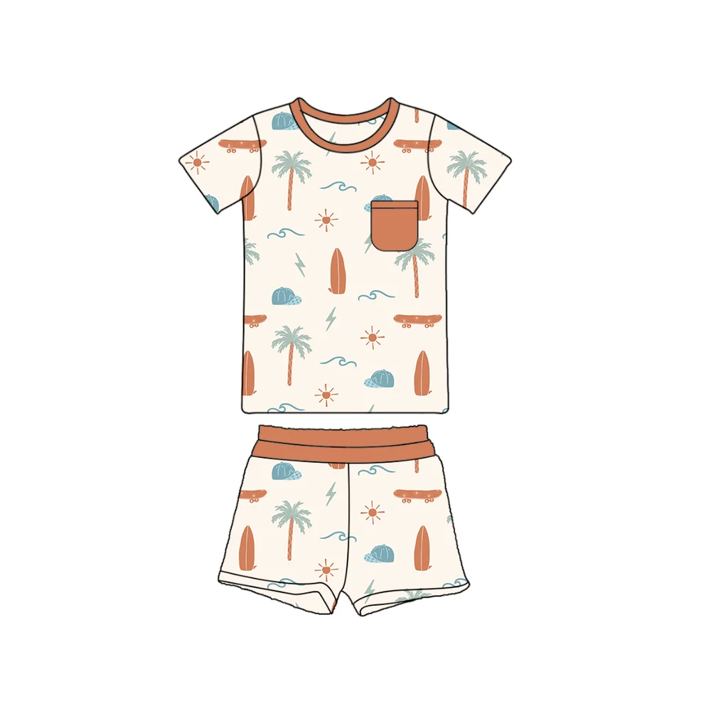 Natural Style Summer Beach Boys Girls Shirts and Shorts Playsuits Baby Kids Soft Cotton Printing Clothing Sets