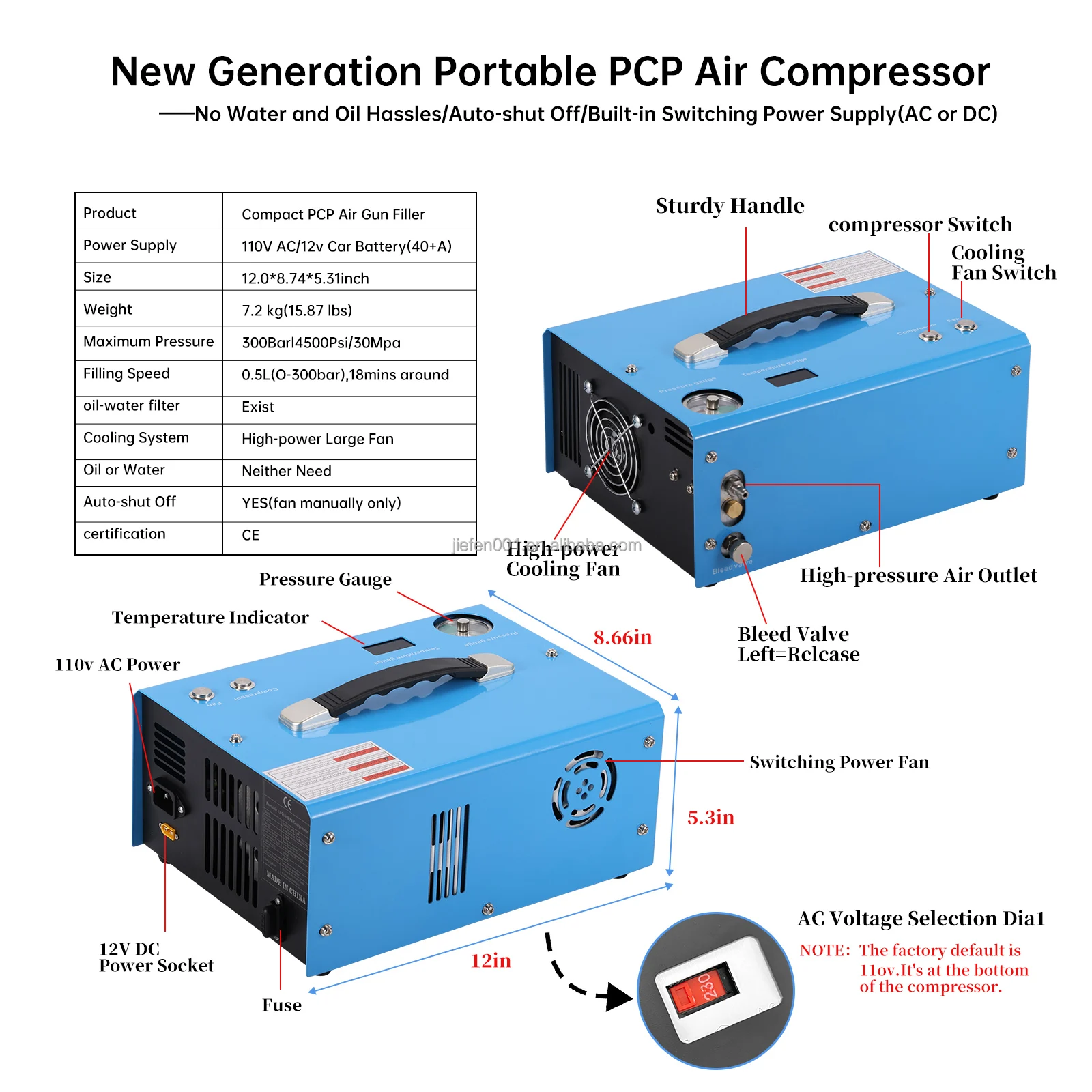 Pcp compressor small portable led display small filter high pressure automobile compressor 12v dc 300bar portable pcp pump