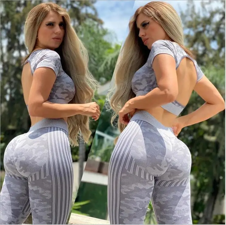 Seamless Sport Suit Women Fitness 2pcs Yoga Set Workout Clothes Gym Short Sleeve Crop Top High Waist Leggings Running Sportswear