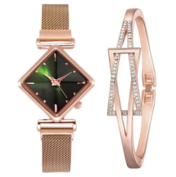 Customs logo Hot Sale Women Ladies Fashion Watch Mesh Band Saquare Diamond Quartz Wrist Bracelet Watches Gift Set Quartz Watches