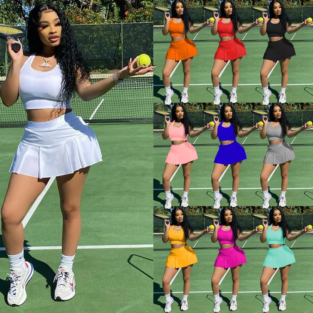 2022 Summer Women 10 colors Xs Solid Color Vest With Skirt Shorts Two Piece Tennis 2 Piece Skirt Set short suit