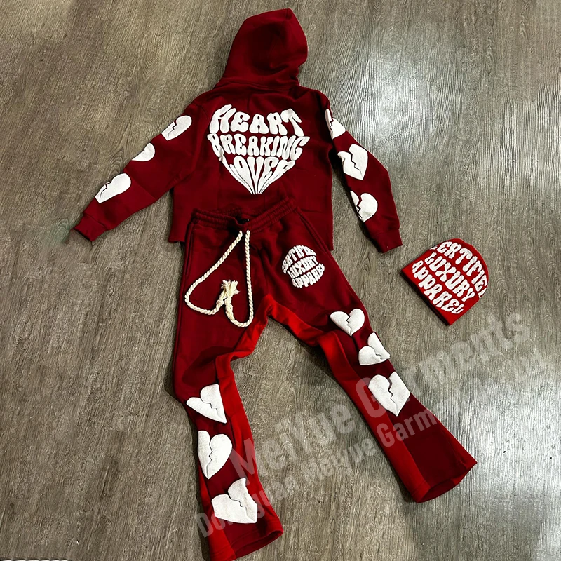 Custom Hoodies Pullover Copped Sweatsuit Acid Wash Hoodie 3d Puff Print Jogging Tracksuits Set Flared Sweatpants And Hoodie Sets