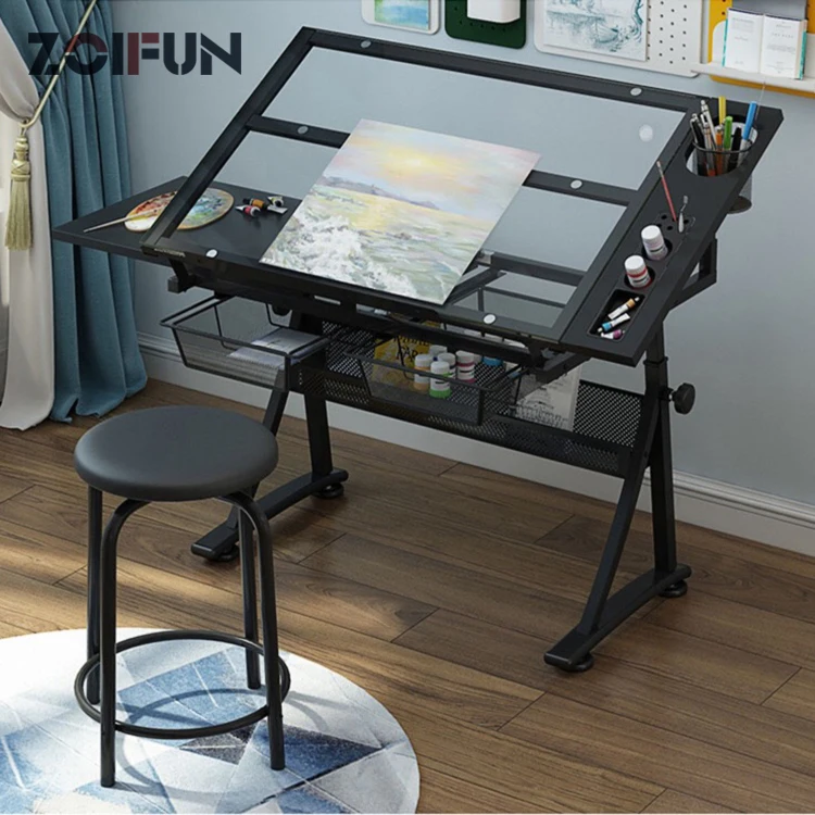 Height adjustable OEM OED glass desk top drafting desk individual used adult home  drawing table