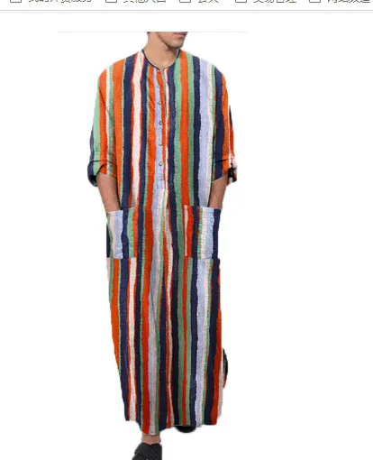 Hot Selling Cotton Khamis Arab Islamic Clothing Daffah Robe Stripe Thobe Men Muslim Abaya Moroccan Thobe With Pocket