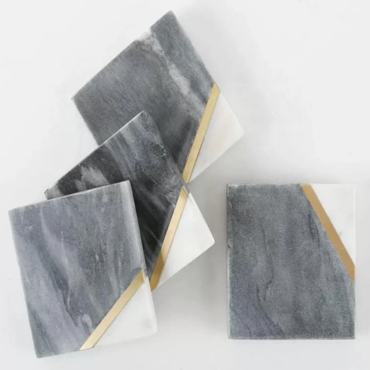 Wholesale Custom Four Piece Splicing 2 Colors coaster Set Inlaid with Brass Trim Cork Cup Mat Marble coaster