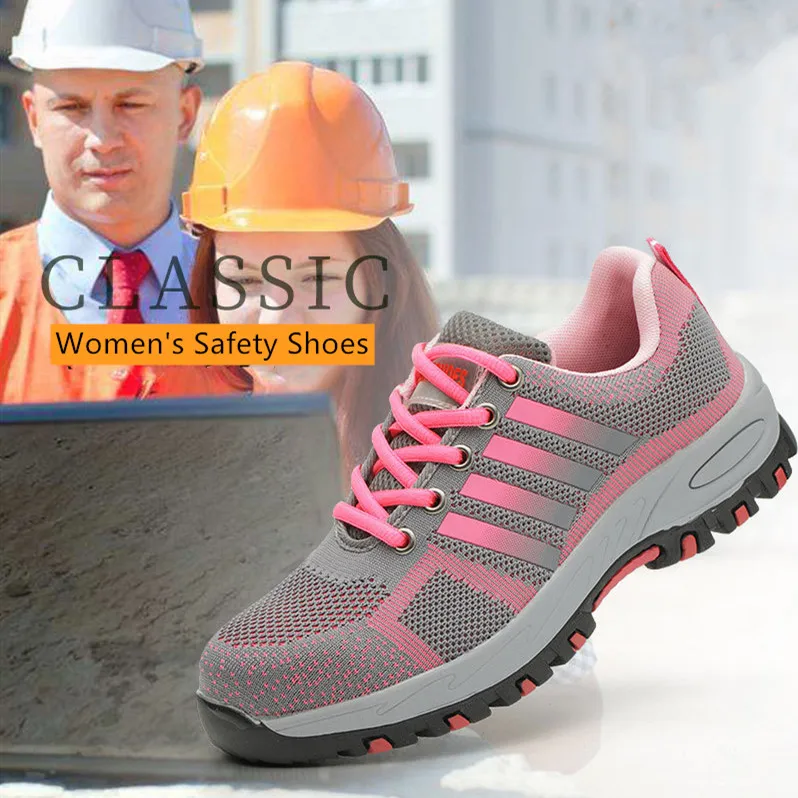 
new style fashion fly knitting pink mesh cloth Anti-smashing and anti-stabbing women safety work shoes 