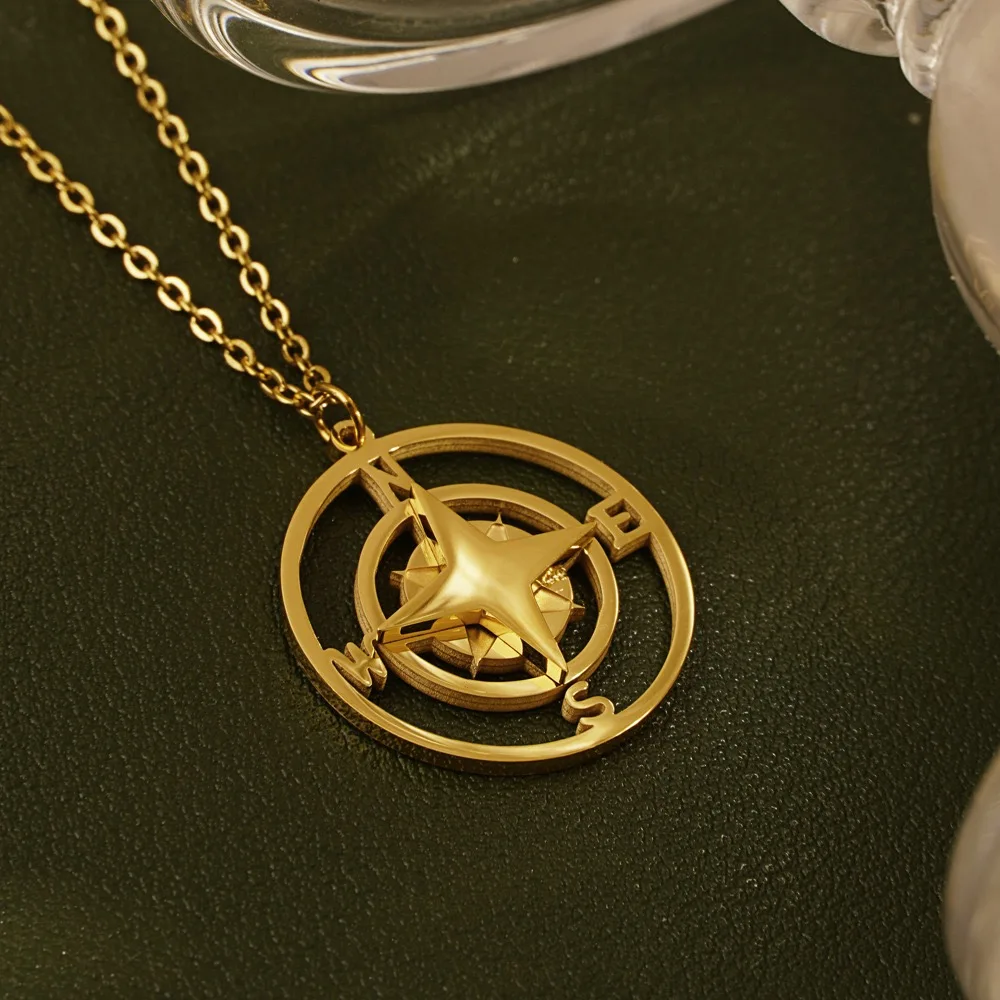 Compass stainless steel gold plated necklace for men and women