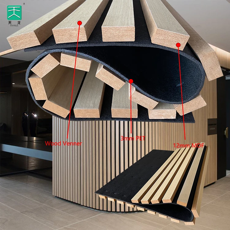 TianGe 2800*600Mm Curved Rounded Akupanel Real Wooden Slat Flexible Wall Acoustic Interior Ceiling Panel With Acoustical Backing