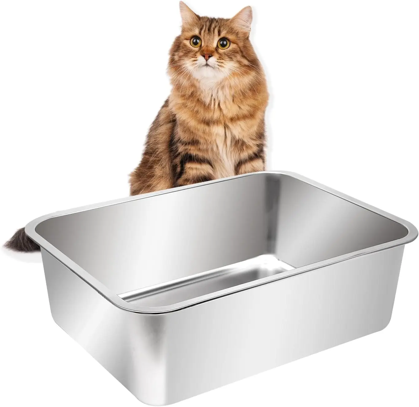 ZMaker Extra Large Stainless Steel Open Cat Litter Box with High Sides Metal Litter Pan for Cat
