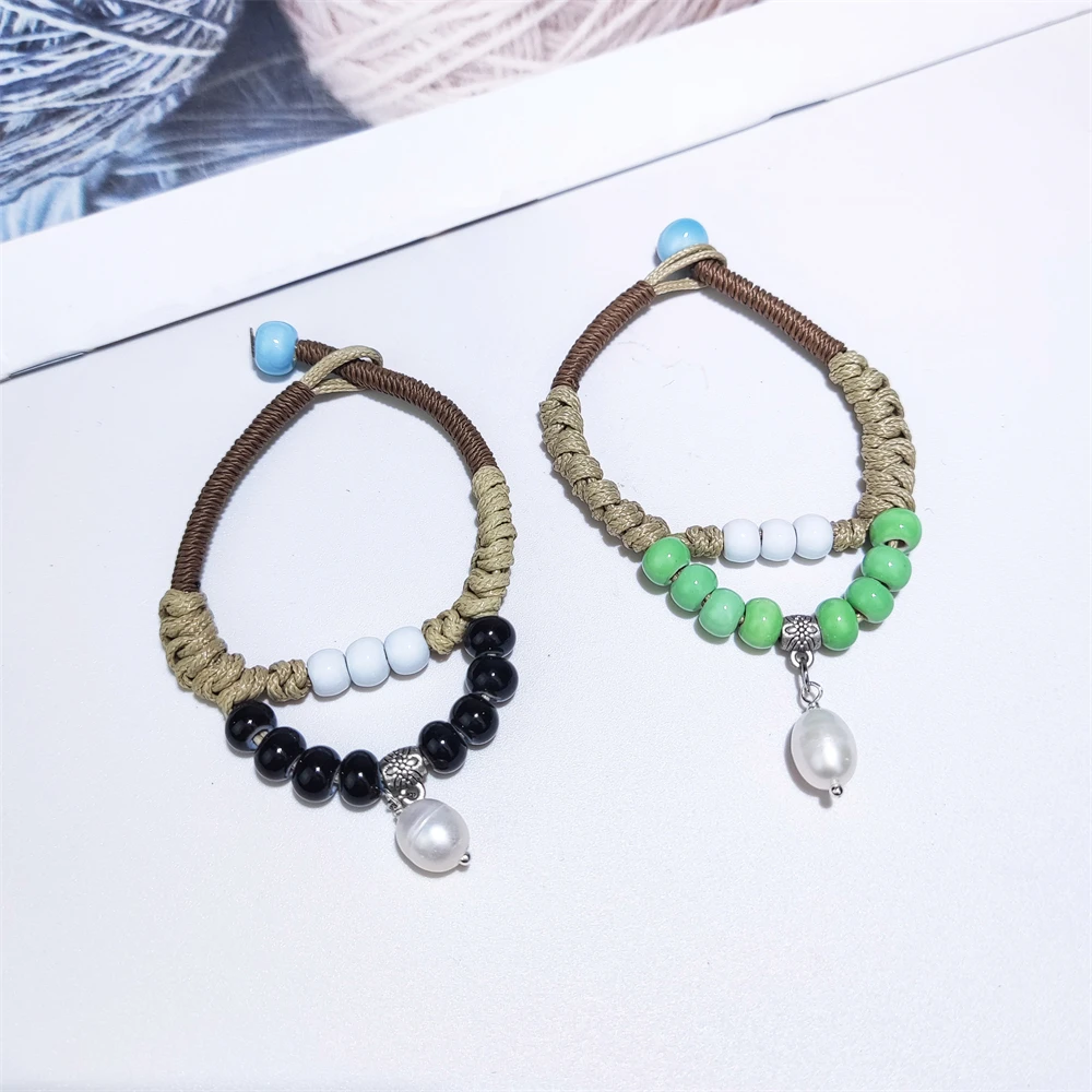 2024 New Arrivals Handmade Woven Leather Rope Bracelet Ceramic Beaded Freshwater Pearl Charms Double Layer Bracelet For Women