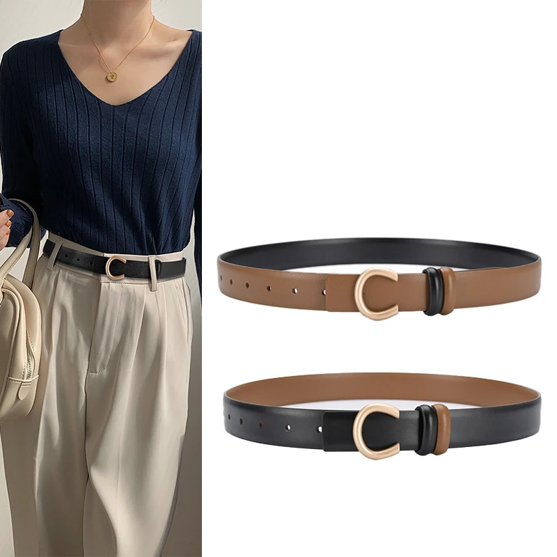 Wholesale Smooth Buckle Genuine Leather Belt Double-sided Available Inside Wear Buckle Simple Thin Belt Real Cowhide Leather