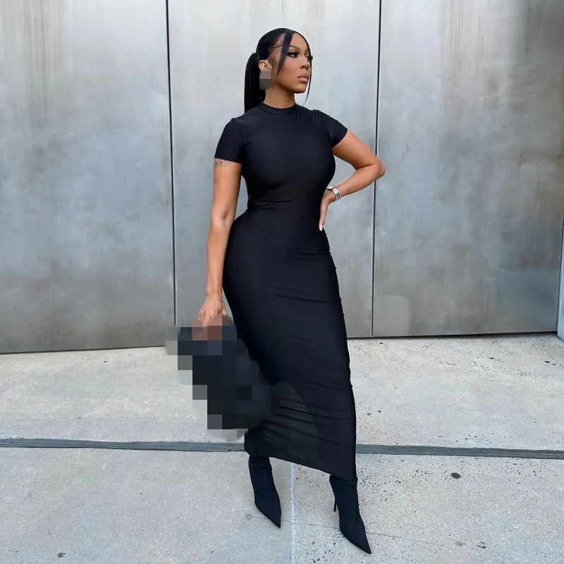 New Summer Solid Color Bodycon Lady Tight Bodycon Sexy Short Sleeve Dress Cheap Casual Long Maxi Dress Women