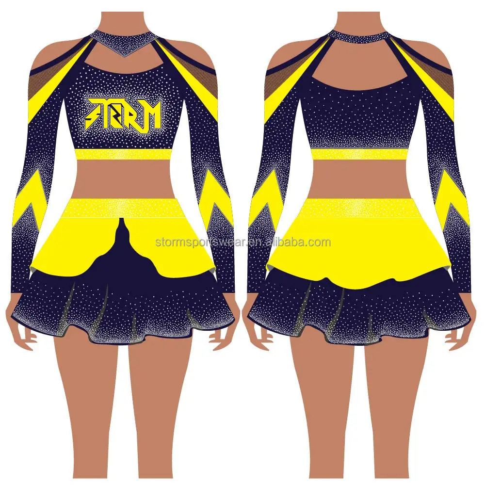 OEM Australia yellow cheer rhinestones costumes cheap sparkle hot sexy yellow Cheerleading Uniforms for team