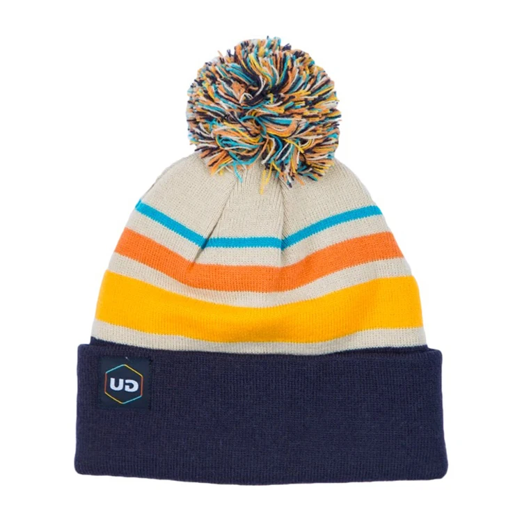 Custom Logo Jacquard Pom Pom Winter Knitted Beanie Hat,Cuffed Beanie Cap With Pom