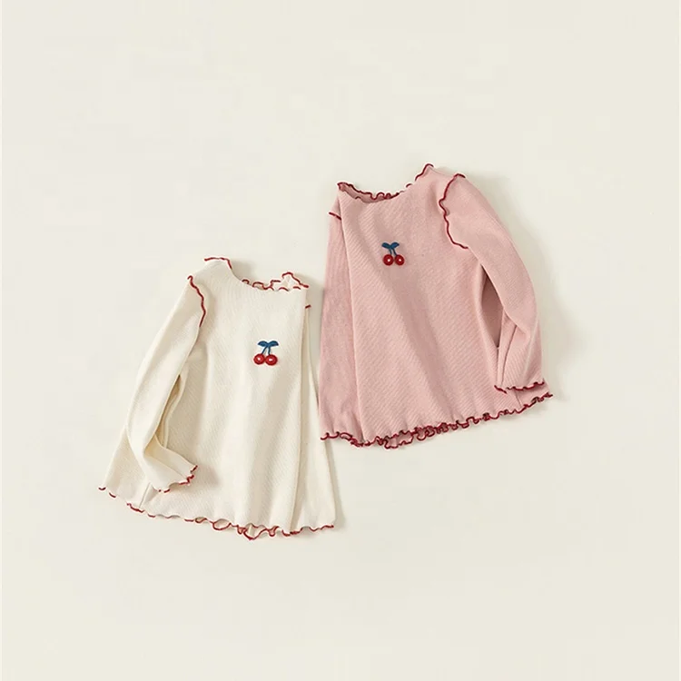 Toddler Kid Baby Girl underwears Autumn Basic Top Embroidered Cherry Cute Sweet Stretch Tee Children Elastic Bottoming Shirt