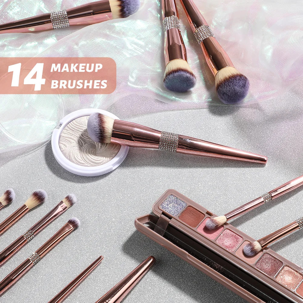 Luxury Bling Glitter Rose Gold Diamond Handle Makeup Brush 14PCS Crystal Handle Custom Logo Foundation Make Up Brushes
