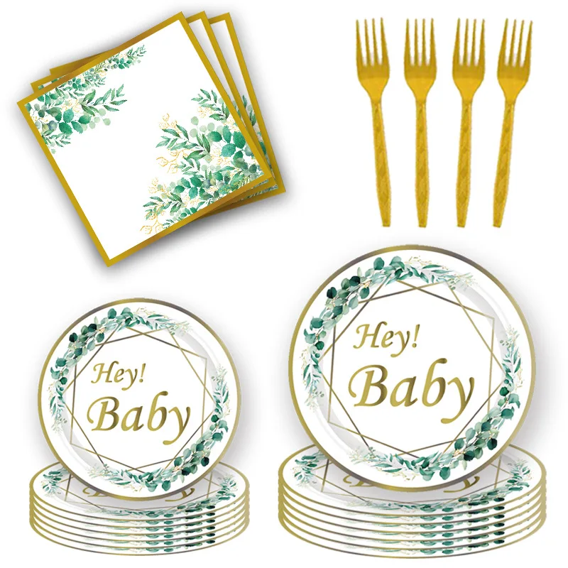 Hot selling 96pcs Baby Shower Tableware Kit Baby Cutlery Set Napkin Cup Paper Plate Sage Green Oh Baby Tableware Kit