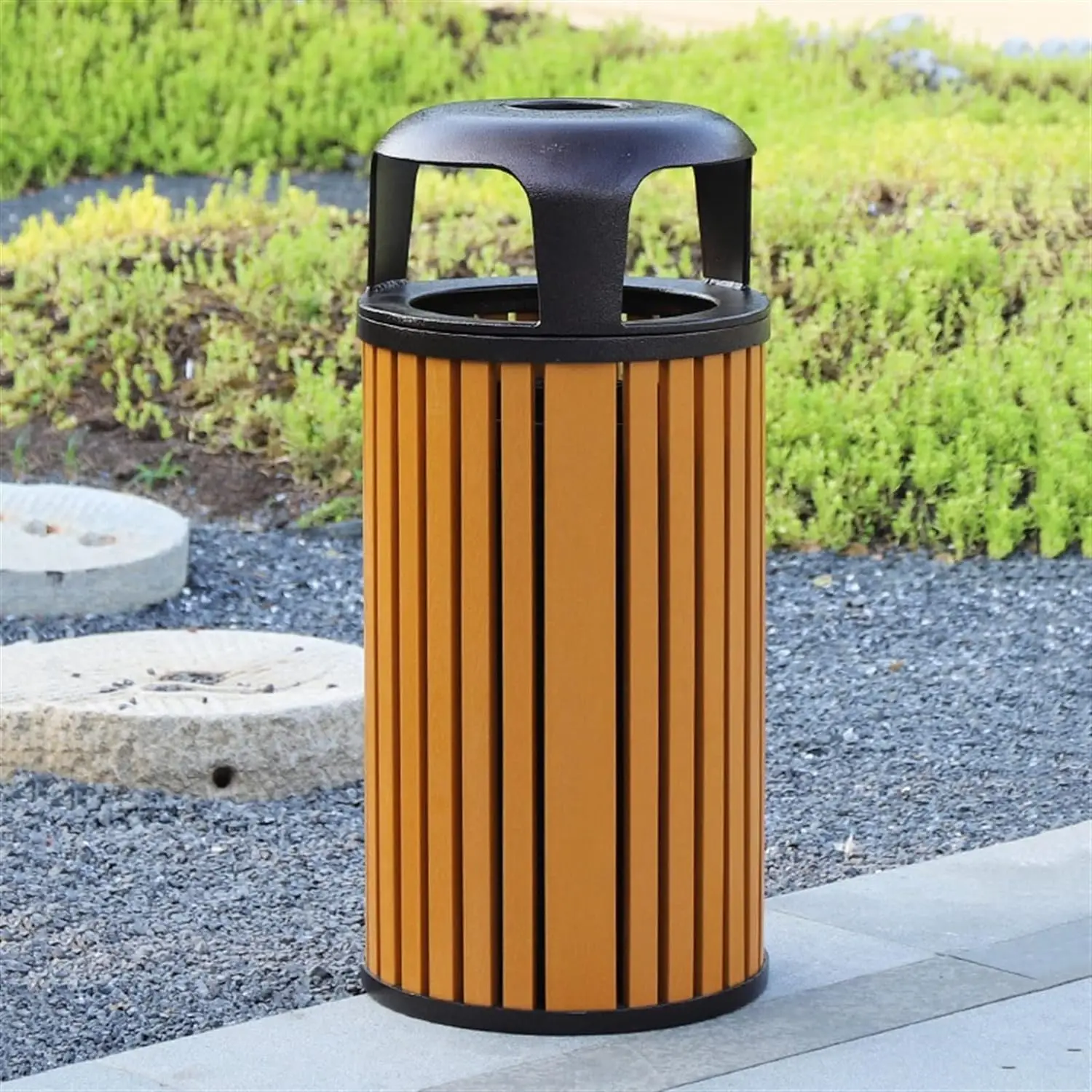 Round design wooden trash can commercial trash cans stainless steel garbage bin